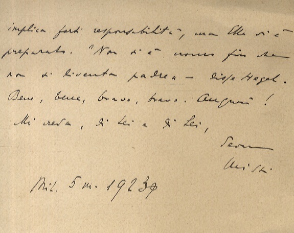 Abebooks Breve lettera manoscritta autografa firmata (Missi) stesa su due facciate su biglietto intestato: "Il Secolo il Direttore"; datata: "Mil. 5 m. 1923". Testo: Caro amico [Giuseppe Maranini] le mie più vive felicitazioni