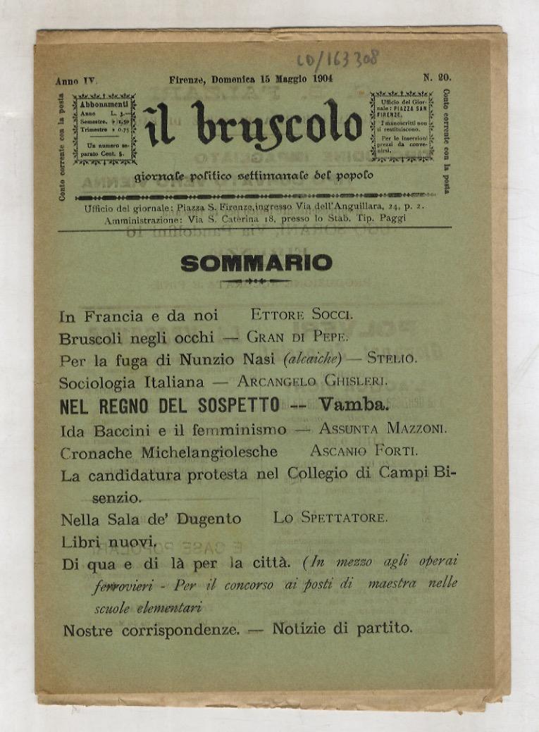 Abebooks BRUSCOLO (IL) giornale politico settimanale del popolo. Anno IV. N. 20. Firenze domenica 15 maggio 1904