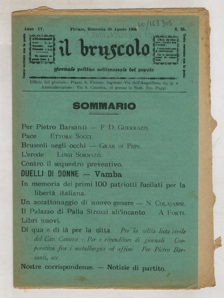 Abebooks BRUSCOLO (IL) giornale politico settimanale del popolo. Anno IV. N. 35. Firenze domenica 28 agosto 1904