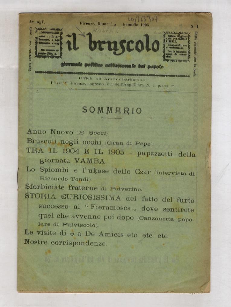 Abebooks BRUSCOLO (IL) Giornale Politico Settimanale Del Popolo. Anno V. N. 1. Firenze Domenica 1 Gennaio 1905