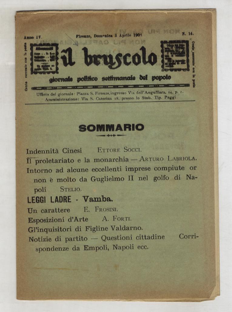 Abebooks BRUSCOLO (IL) giornale politico settimanale del popolo. Anno IV. N. 14. Firenze domenica 3 aprile 1904
