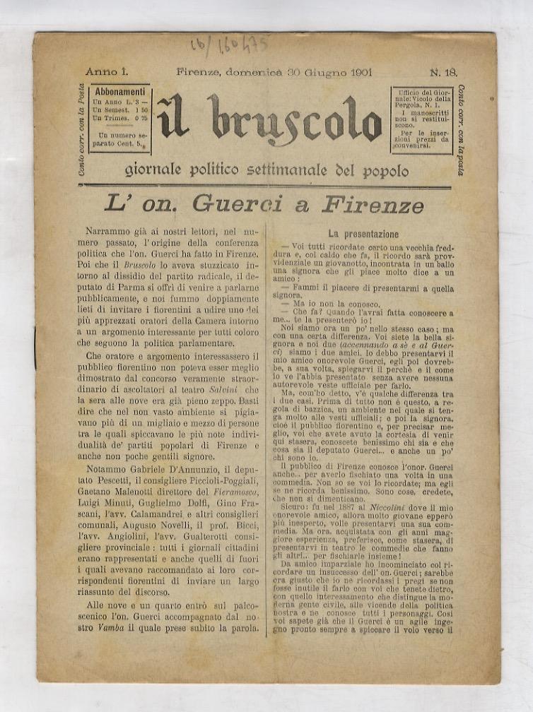 Abebooks BRUSCOLO (IL). Giornale politico settimanale del popolo. Anno I. N. 18. Domenica 30 giugno 1901