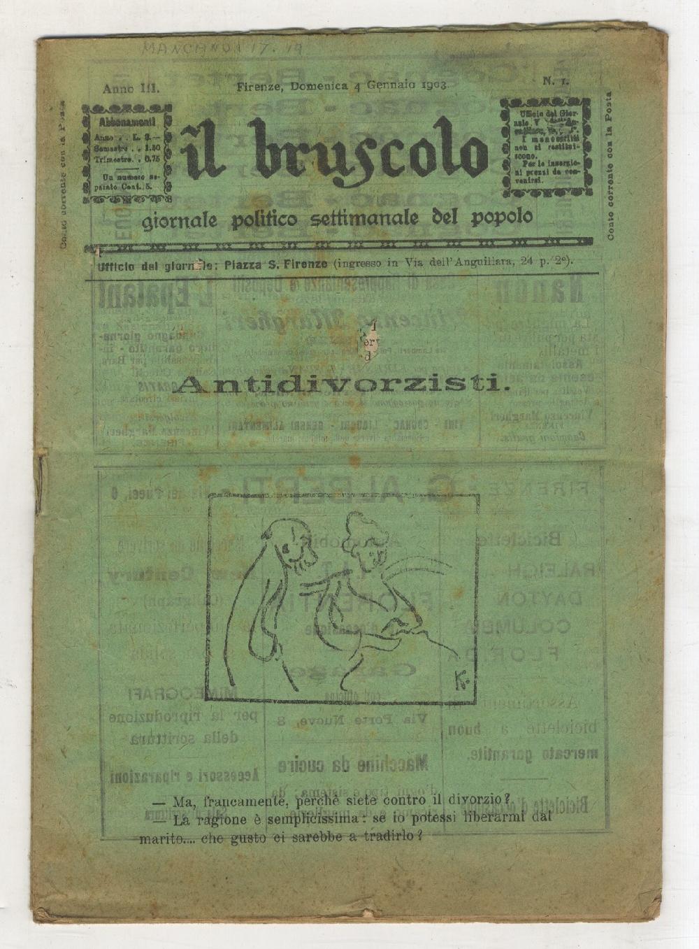 Abebooks BRUSCOLO (IL) Giornale Politico Settimanale Del Popolo. Anno III. 1903. Fascicoli Nn. Da 1 A 16 18 Da 20 A 52