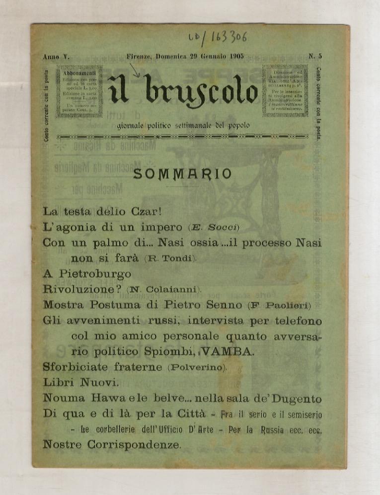 Abebooks BRUSCOLO (IL) giornale politico settimanale del popolo. Anno V. N. 5. Firenze domenica 29 gennaio 1905