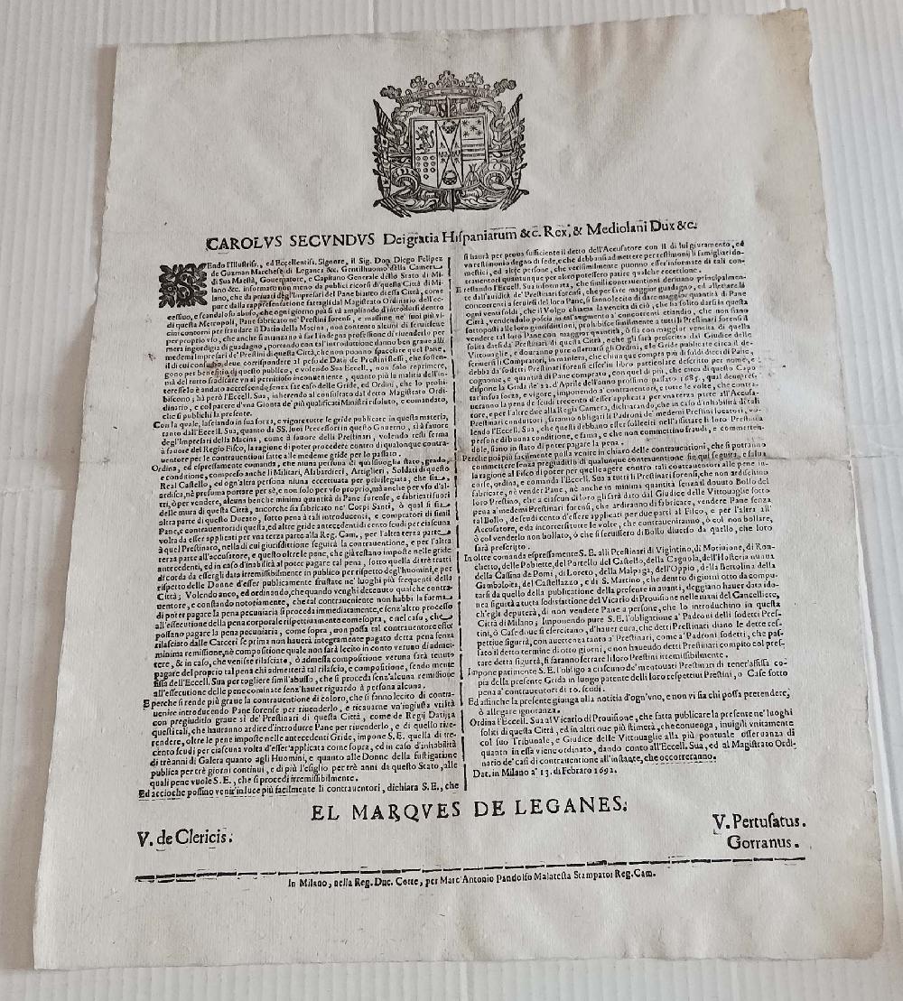 Abebooks Carolus Secundus Ducato di Milano Pane forense GRIDARIO Malatesta 1692