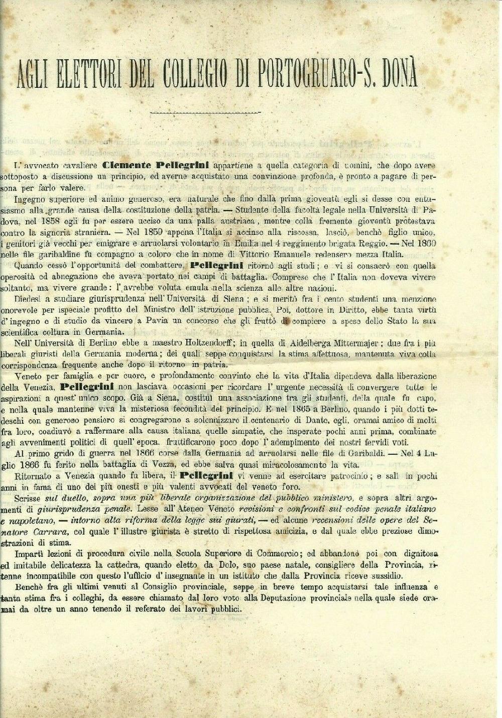 Abebooks Clemente Pellegrini Volantino elettorale Collegio di Portogruaro-S.Donà 1870?