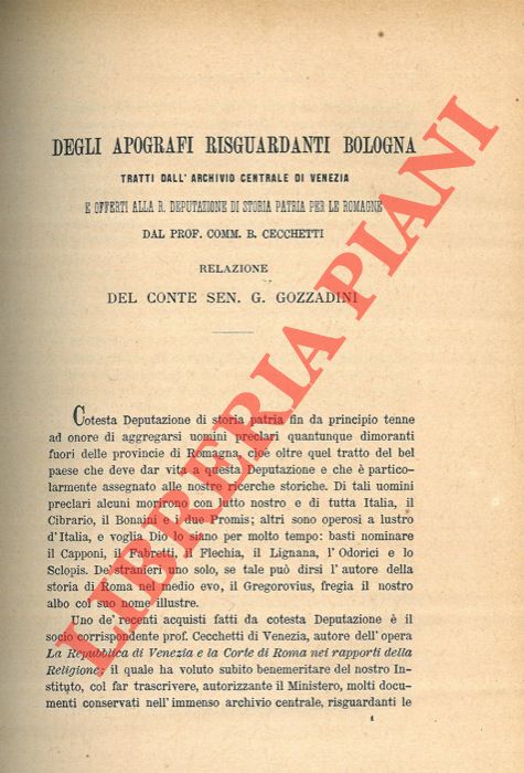 Abebooks Degli Apografi risguardanti Bologna tratti dall'Archivio centrale di Venezia e offerti alla R. Deputazione di storia patria per le romagne dal prof. Comm. B. Cecchetti