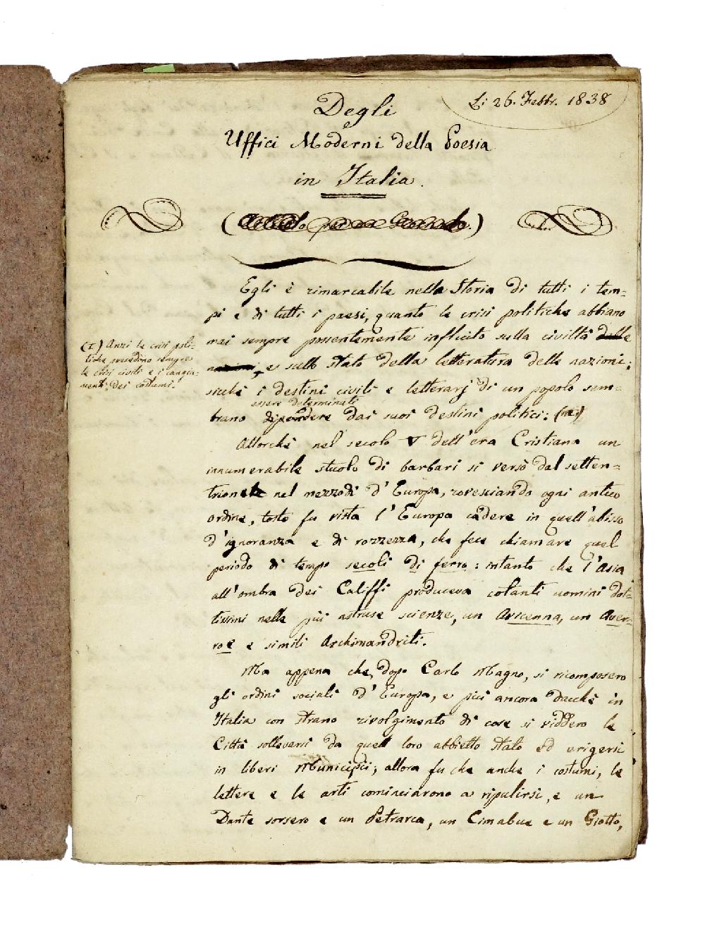 Abebooks Degli uffici moderni della Poesia in Italia. (Milano?) 26 feb./29 mar. 1838