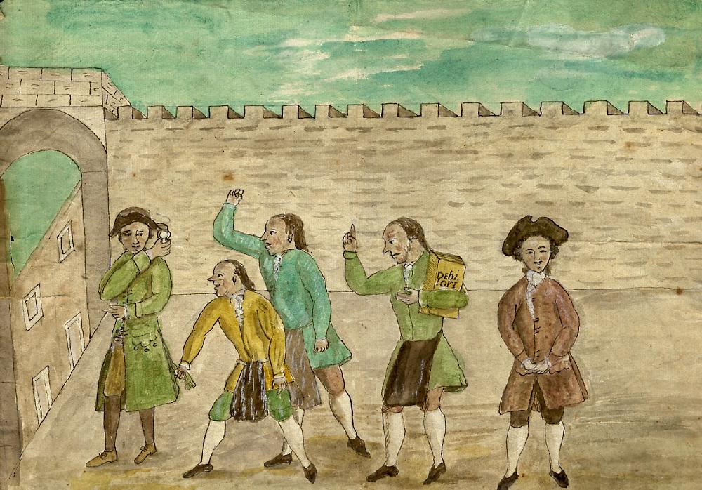 Abebooks DISEGNO acquerellato su carta. Raffigura - in maniera decisamente naïf - un personaggio incalzato dai creditori