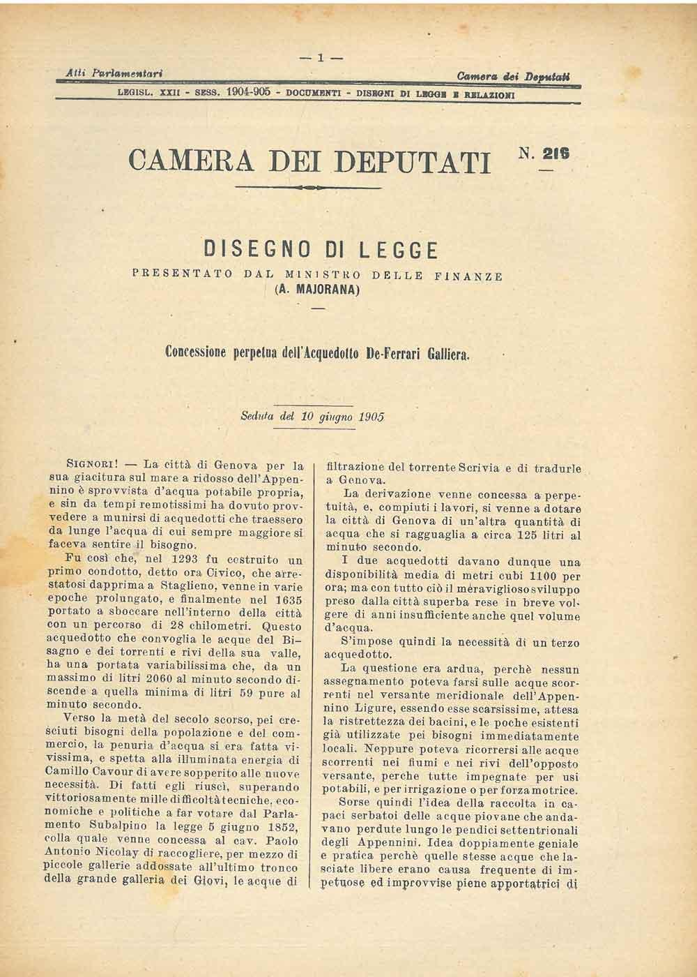 Abebooks Disegno di legge : Concessione perpetua dell'Acquedotto De-Ferrari Galliera. Relazione della Commissione. Sedute del 10 giugno 1905 1 febbraio 8 e 17 maggio 1906