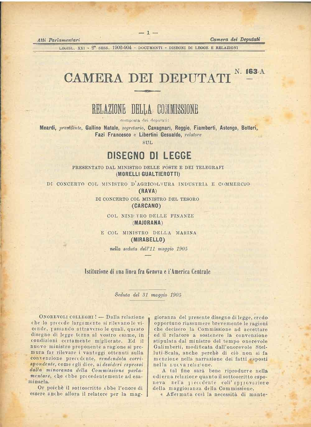 Abebooks Disegno di legge : Istituzione di una linea tra Genova e l'America Centrale. Sedute del 11 e 31 maggio 1905