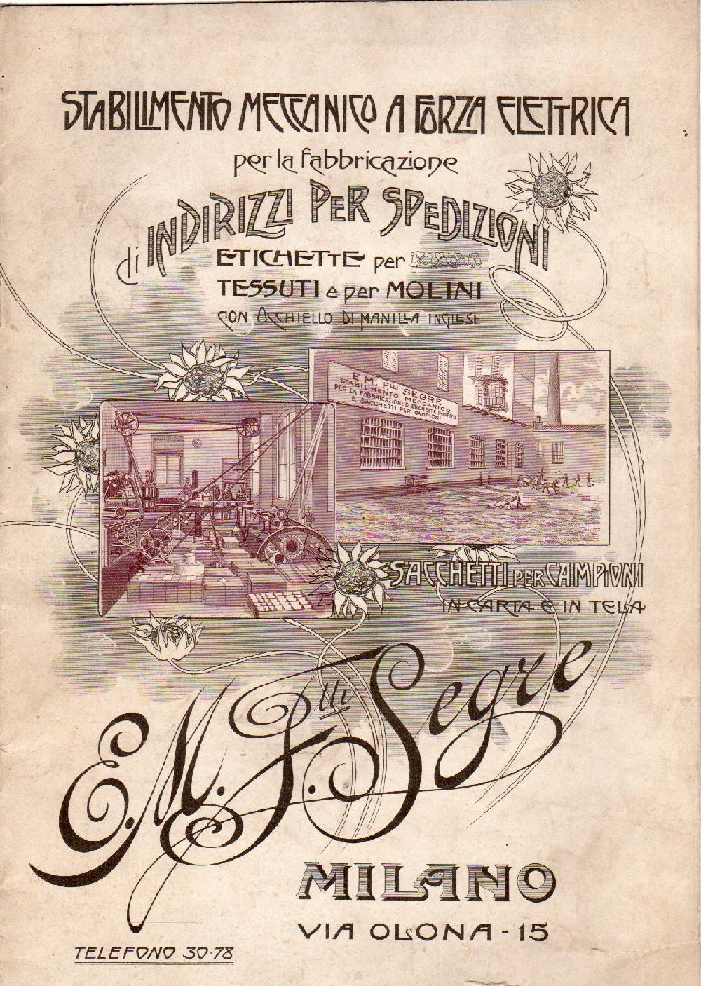 Abebooks E. M. Segre - Stabilimento Meccanico A Forza Elettrica Per La Fabbricazione Di Indirizzi Per Spedizioni Etichette Per Tessuti E Per Molini Con Occhiello Di Manilla Inglese - Catalogo Prodotti