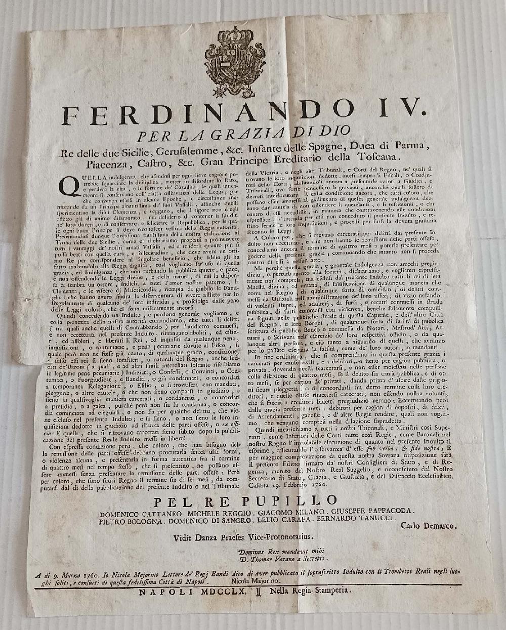 Abebooks Editto 1760 Ferdinandi IV INDULTO delitti contrabbando Regia Stamperia Napoli