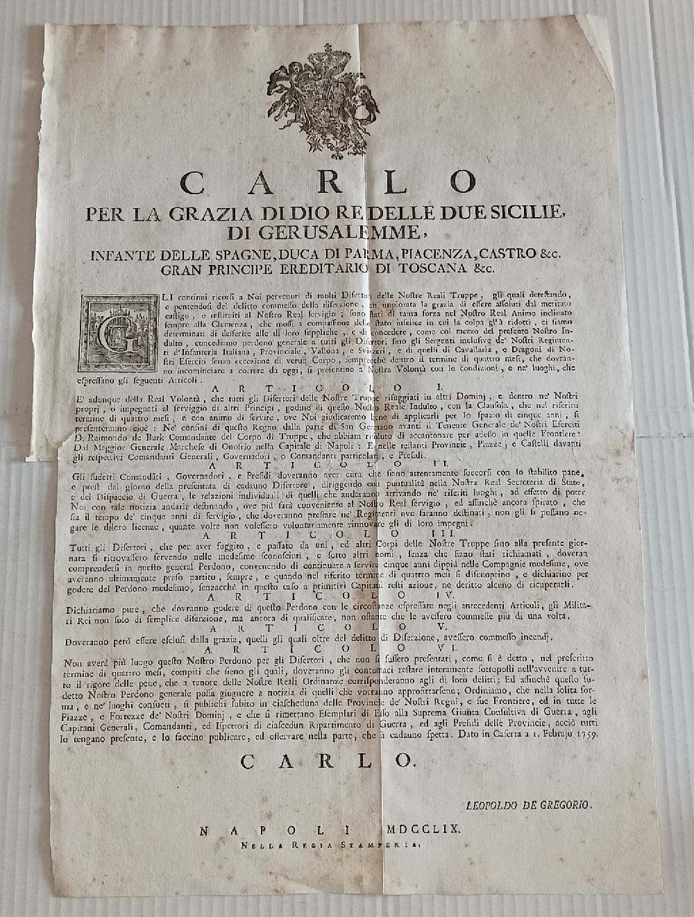 Abebooks Editto Articoli Real Indulto Disertori CARLO Napoli 1759 Napoli Regia Stamperia