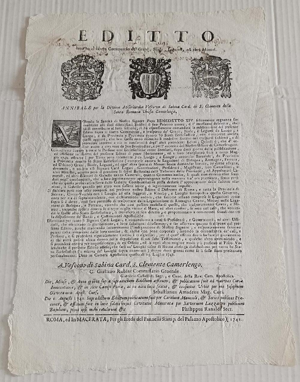 Abebooks Editto intorno al libero commercio dei grani SABINA Macerata 1741 Card. Clemente