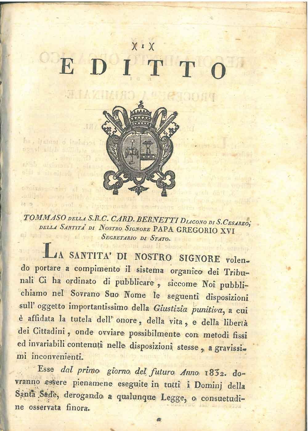 Abebooks Editto. Tommaso della S: R. C. Card. Bernetti Diacono di S. Cesareo della Santità di nostro Signore Papa Gregorio XVI segretario di stato. La Santità di Nostro Signore volendo portare a compimento il sistema organico