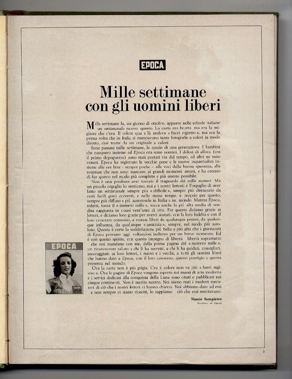 Abebooks EPOCA. Settimanale politico di grande informazione. Direttore: Nando Sampietro. Volume LXXVII. NN. 1000 (23/11/1969).? 1004 1005 + Documentari. (Contributi del maestro di I. Montanelli Augusto Guerriero alias "Ricciarde