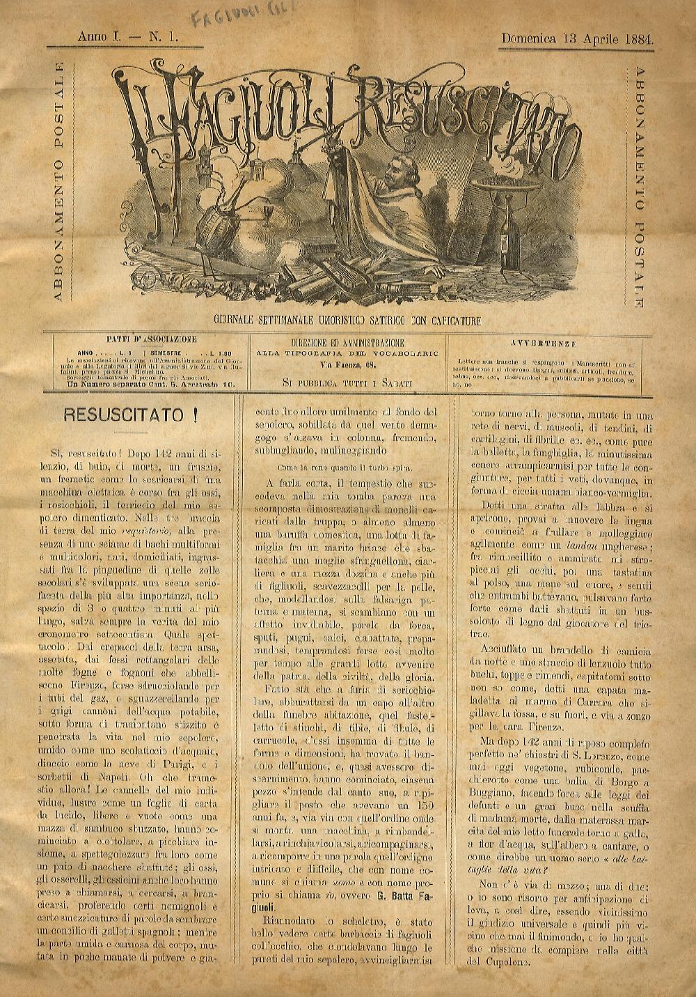 Abebooks FAGIUOLI (IL) resuscitato. Giornale settimanale umoristico satirico con caricature. Anno I fascicoli dal n. 1 del 13 aprile 1884 al n. 23 del 26 ottobre 1884