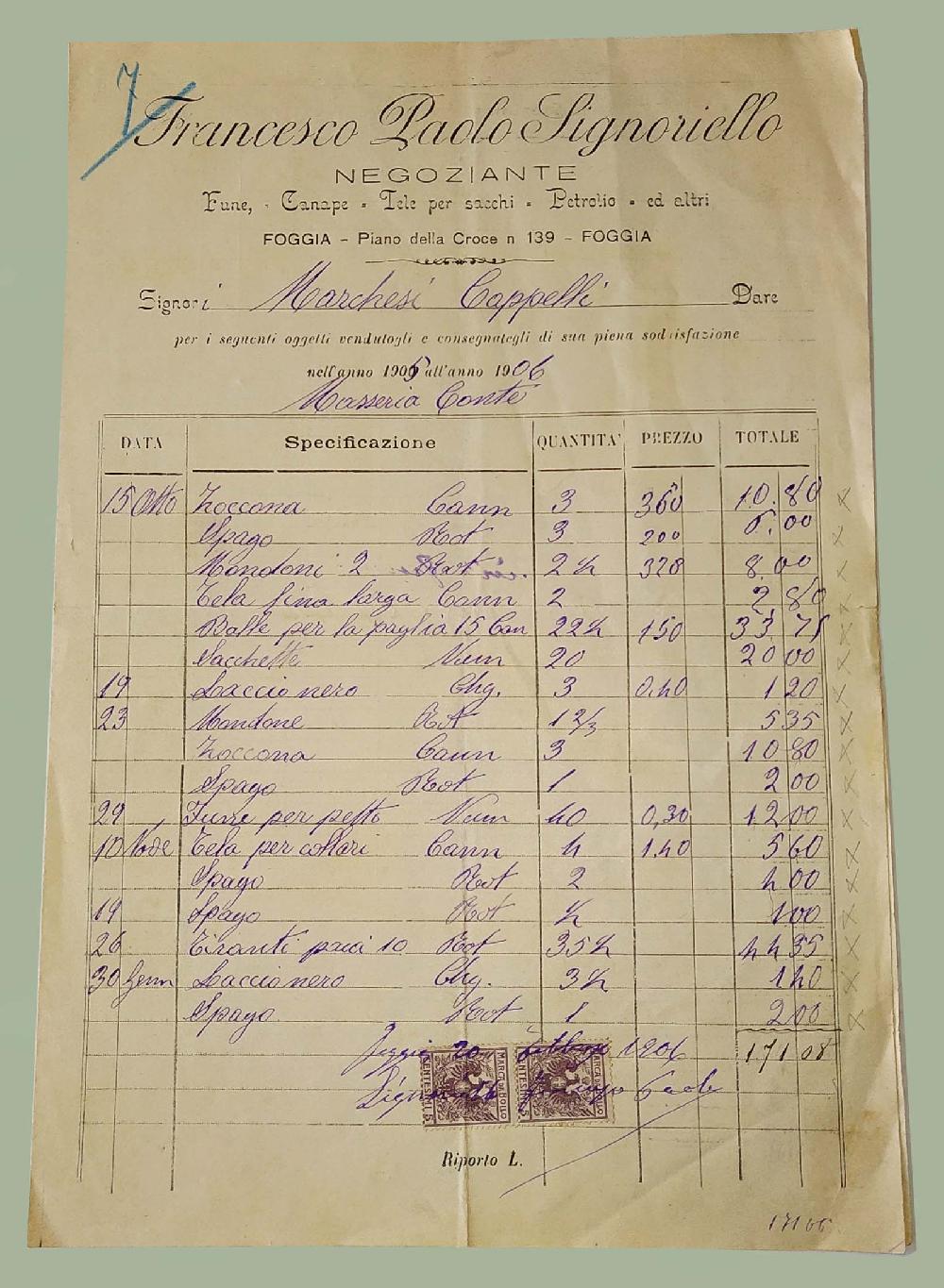 Abebooks Fattura Negoziante Funi Canape Tele Petrolio Foggia 1905 ai Marchesi Cappelli