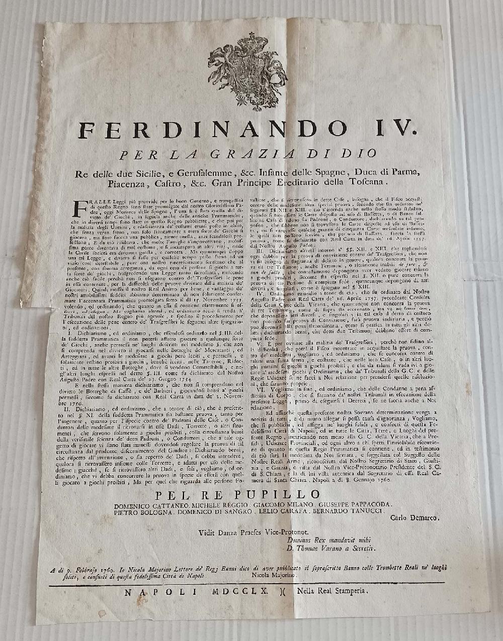 Abebooks Ferdinando IV Legge divieto di Giochi proibiti Bando Napoli 1760 Majorino