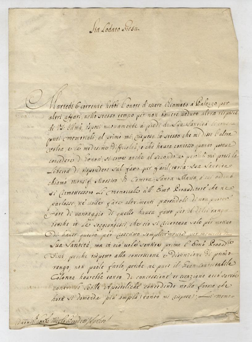 Abebooks Firma autografa in calce a lettera manoscritta stesa su due facciate d'un foglio ripiegato una volta. Indirizzata al conte Niccolò Benedetti a Spoleto; datata Roma 14 Xmbre 1729. "Martedì 6 corrente hebbi l'onore d'es