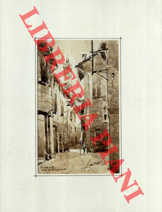 Abebooks Ghetto di Bologna. Via dell'Inferno casa nella"piazzetta" con portico e sullo sfondo la Torre Asinelli