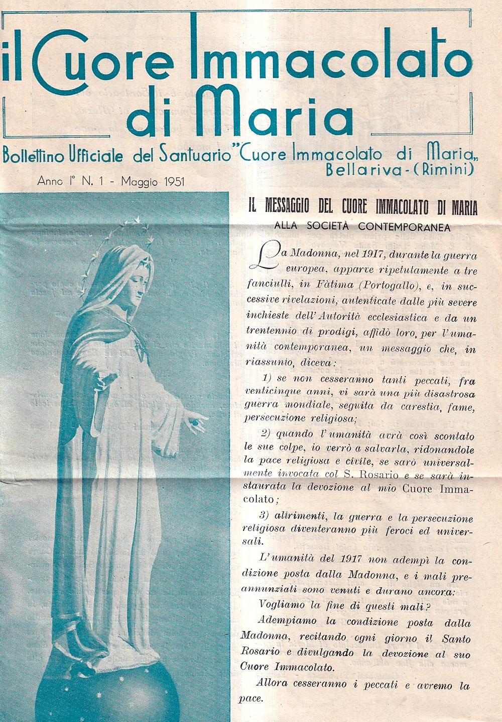 Abebooks Il Cuore Immacolato di Maria. Bollettino ufficiale del Santuario "Cuore Immacolato di Maria" Bellariva (Rimini) - anno I° n. 1 maggio 1951
