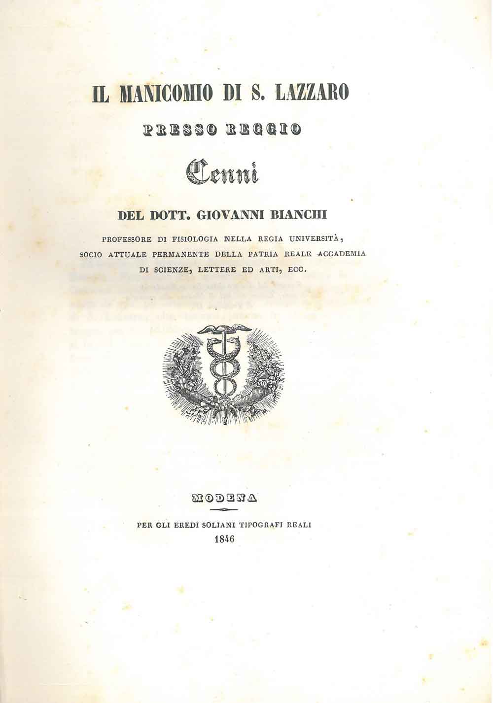 Abebooks Il manicomio di S. Lazzaro presso Reggio. Cenni