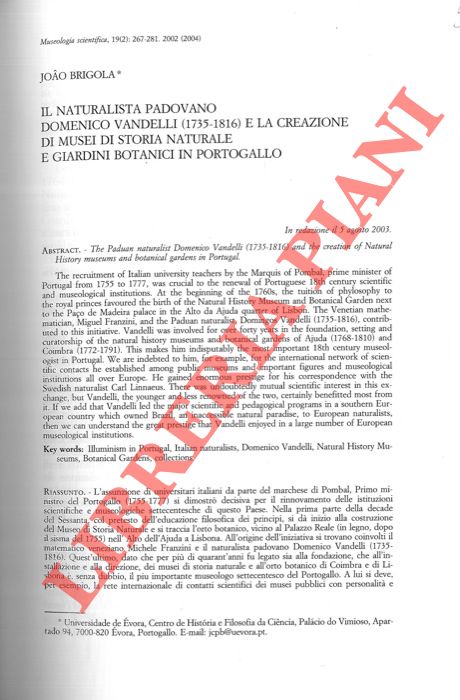Abebooks Il naturalista padovano Domenico Vandelli (1735-1816) e la creazione di musei di storia naturale e di giardini botanici in Portogallo