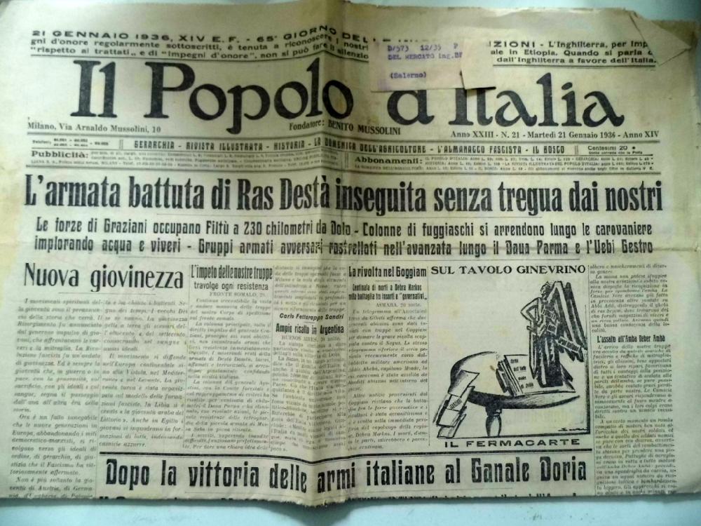 Abebooks IL POPOLO D' ITALIA Martedì 21 Gennaio 1936 - Anno XIV L' ARMA BATTUTA DI RAS DESTA' INSEGUITA SENZA TREGUA DAI NOSTRI