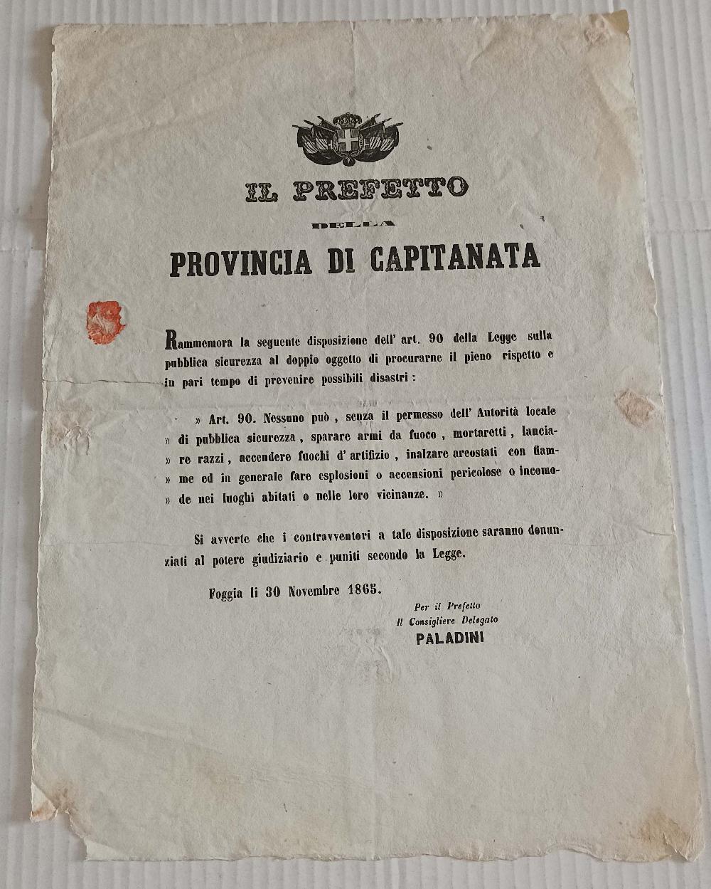 Abebooks Il Prefetto della Provincia di Capitanata 1865 Art. 90 Armi da fuoco mortaretti