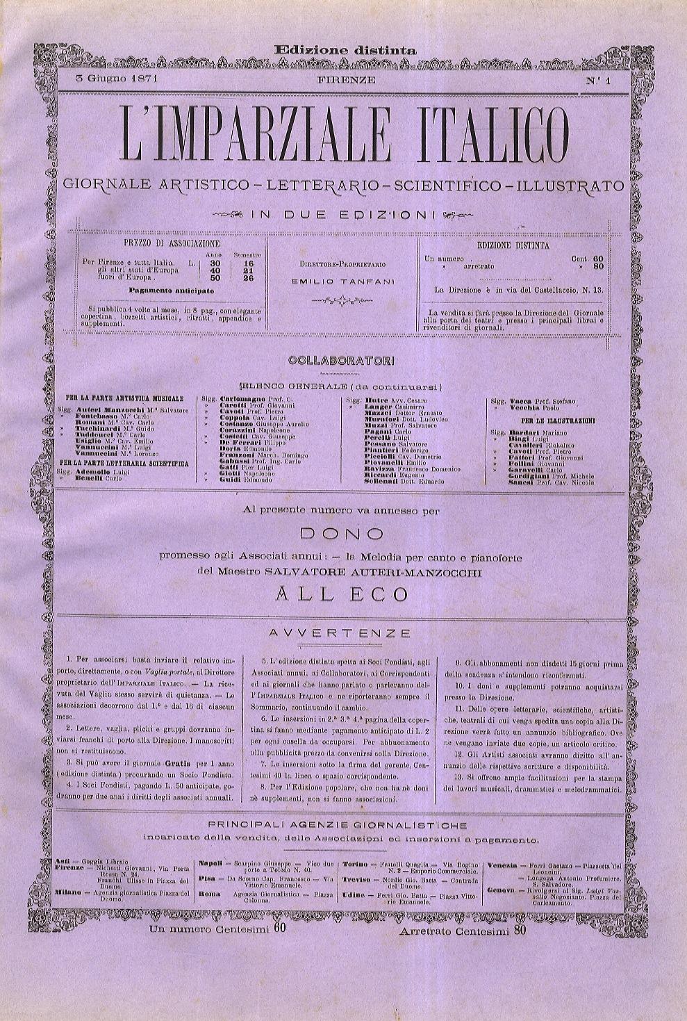 Abebooks IMPARZIALE (L') Italico. Giornale artistico - letterario - scientifico - illustrato. In due edizioni. Edizione distinta. Anno I fascicoli dal n. 1 del 3 giugno 1871 al n. 12 del 20 settembre 1871