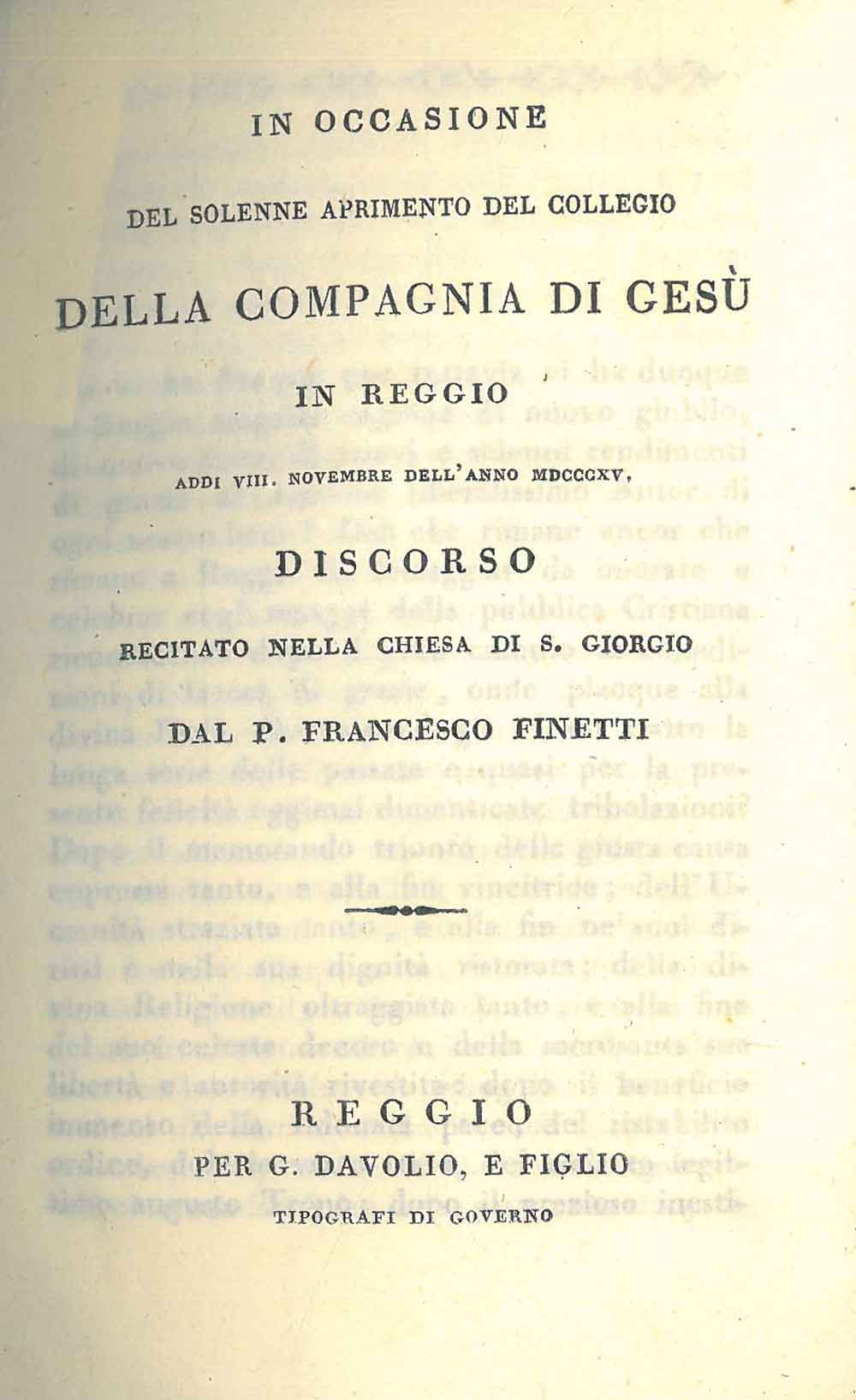 Abebooks In occasione del solenne aprimento del Collegio della Compagnia di Gesù in Reggio. Discorso recitato nella Chiesa di S. Giorgio