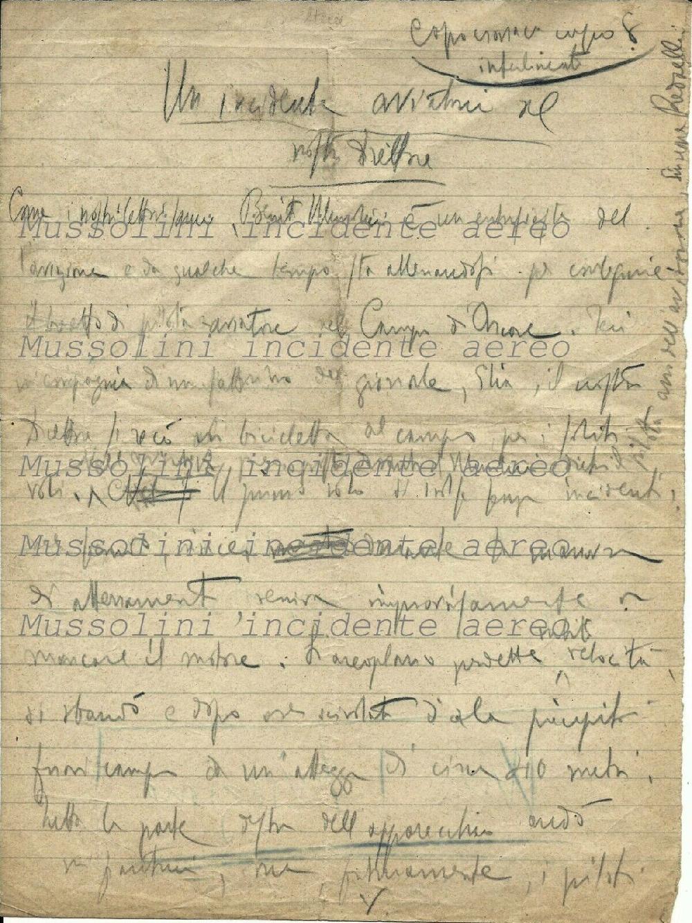 Abebooks Incidente aereo di Mussolini durante una lezione di volo con Redaelli 1921