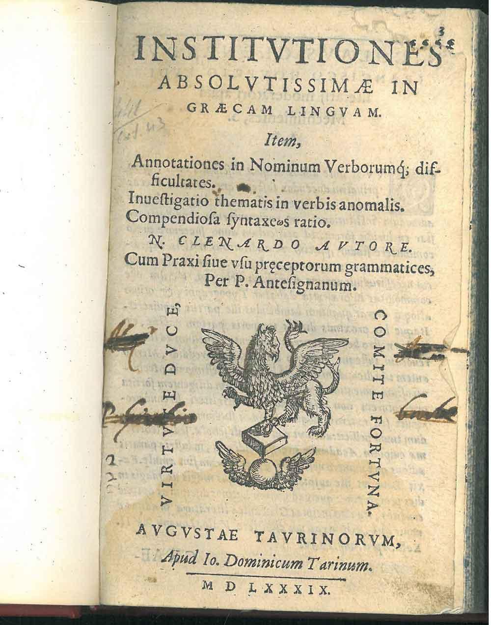 Abebooks Institutiones absolutissimae in Graecae Linguam. Item annotationes in nominum verborumq' difficultates. Investigatio thematis in verbis anormalis. Compendiosa syntaes ratio. N. Clenardo autore. Cum praxi sive usu precep