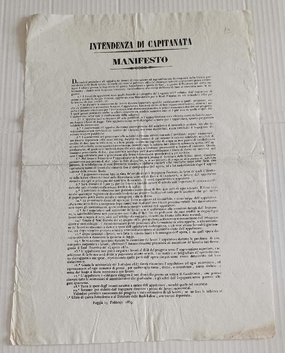 Abebooks INTENDENZA DI CAPITANATA - MANIFESTO Appalto dei lavori di riparazione ed ingrandimento da eseguirsi nella Chiesa parrocchiale delle Reali Saline