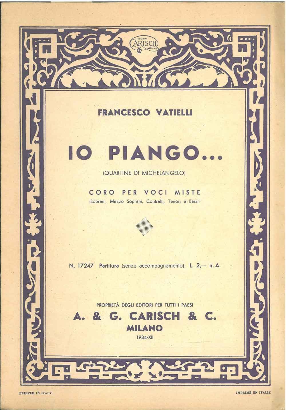 Abebooks Io piango. (Quartine di Michelangelo). Coro per voci miste partitura senza accompagnamento