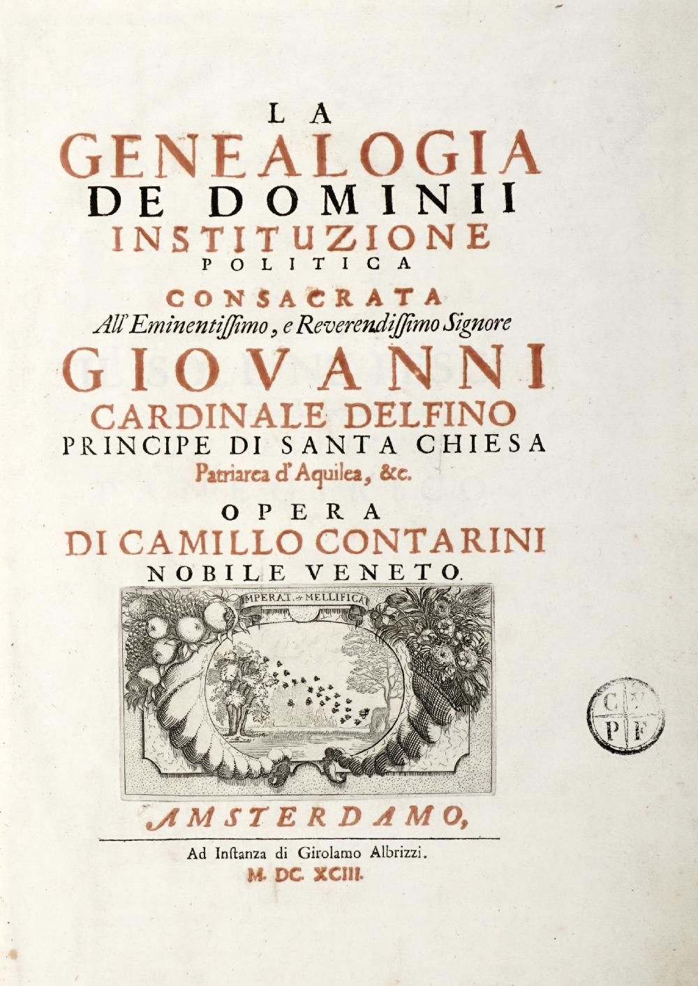 Abebooks La Genealogia de Dominii. Instituzione politica.consacrata. All'eminentissimo.Giovanni Cardinale Delfino