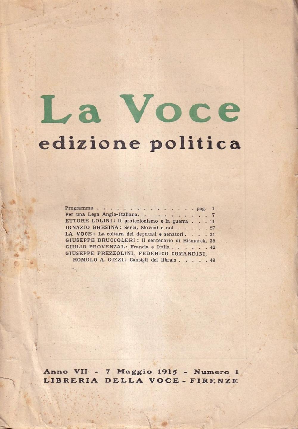 Abebooks La Voce. Edizione politica - anno VII n. 1 7 maggio 1915