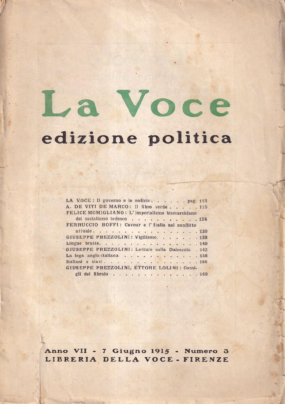 Abebooks La Voce. Edizione politica - anno VII n. 3 7 giugno 1915