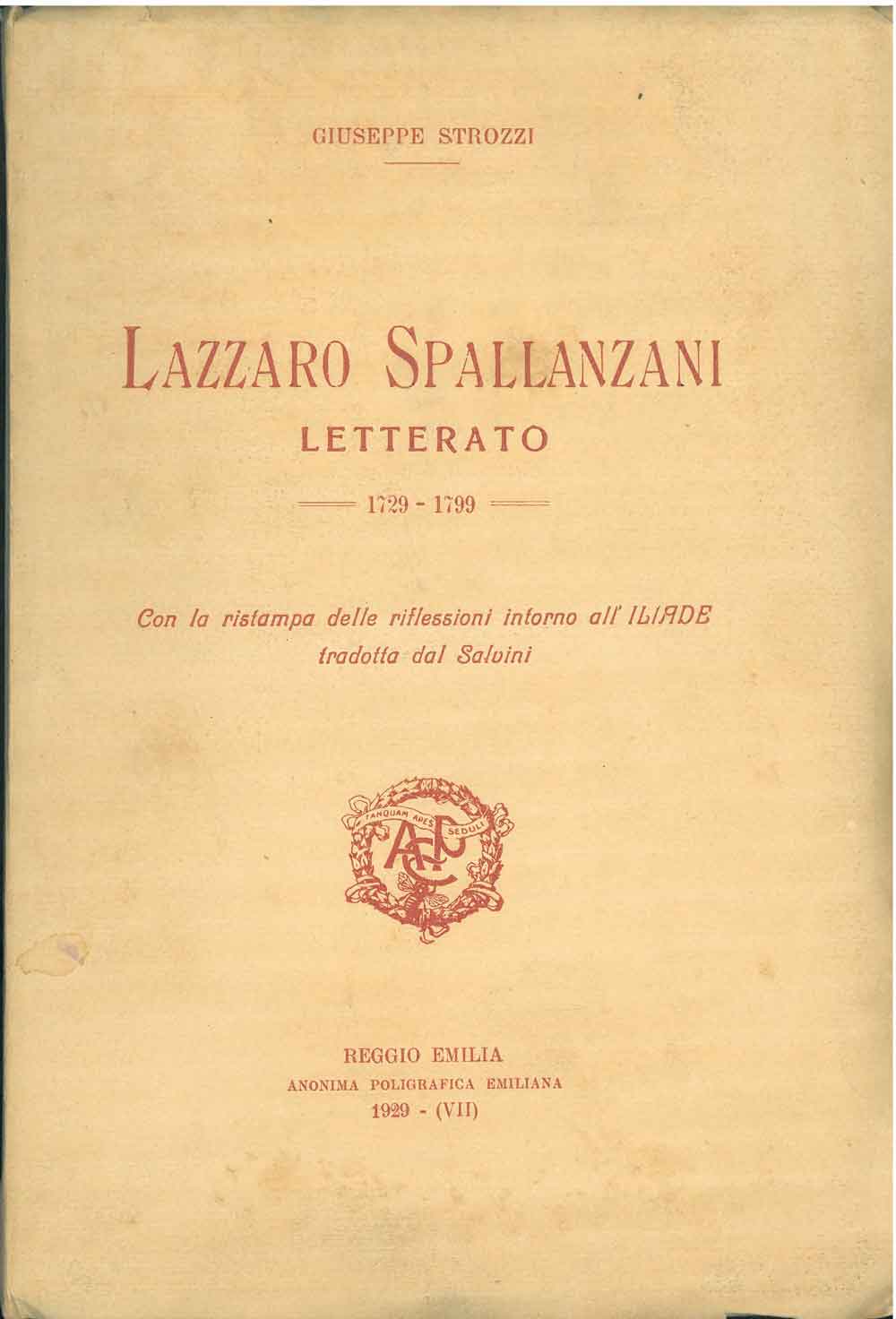Abebooks Lazzaro Spallanzani letterato. 1729-1799. Con ristampa delle riflessioni intorno all'indice tradotta dal Salvini