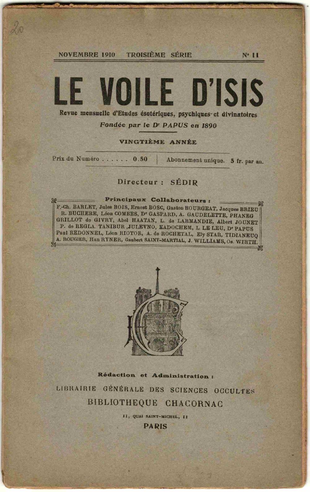 Abebooks Le Voile d'Isis. Revue mensuelle d'Études ésoteriques psychiques et divinatoires. Vingtième année n. 11 Novembre 1910