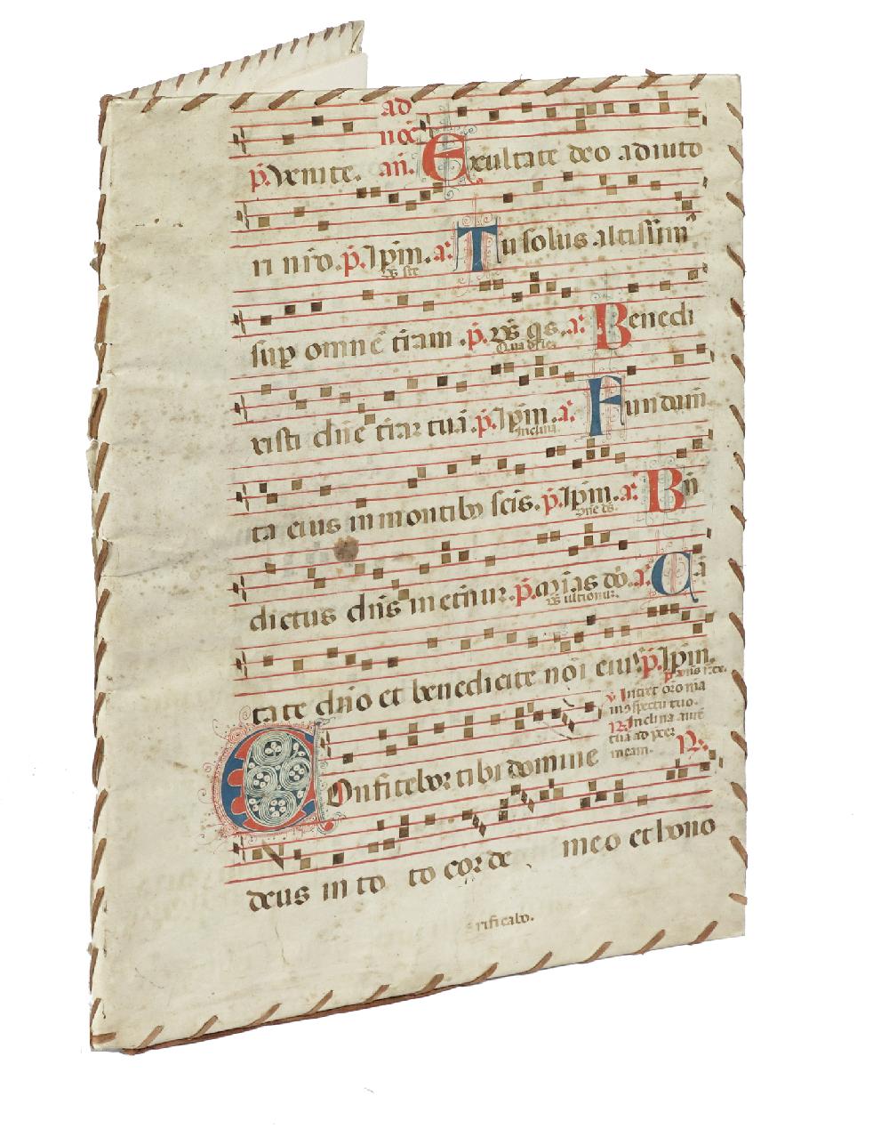 Abebooks Legatura in pergamena manoscritta da pagina di corale con note musicali e capilettera colorati. Sec. XVI^