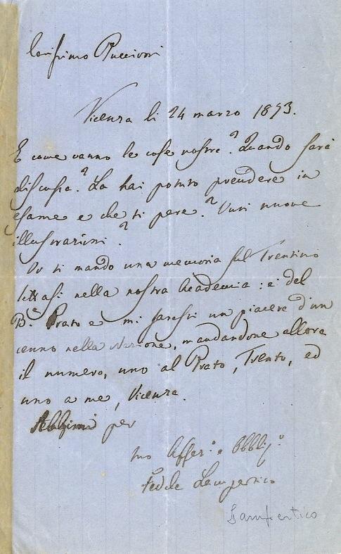 Abebooks Lettera autografa firmata su una facciata datata "Vicenza li 24 marzo 1893" indirizzata a Piero Puccioni: "Carissimo Puccioni. E come vanno le cose nostre? [.] Lo hai potuto prendere in esame e che ti pare? Vuoi nuove i