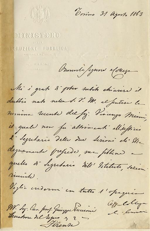 Abebooks Lettera autografa firmata su una facciata su carta intestata "Ministero della Istruzione Pubblica. Il Ministro" datata "Torino 31 Agosto 1863" indirizzata a Giuseppe Puccioni senatore del Regno: "Onorevole Signor Colleg