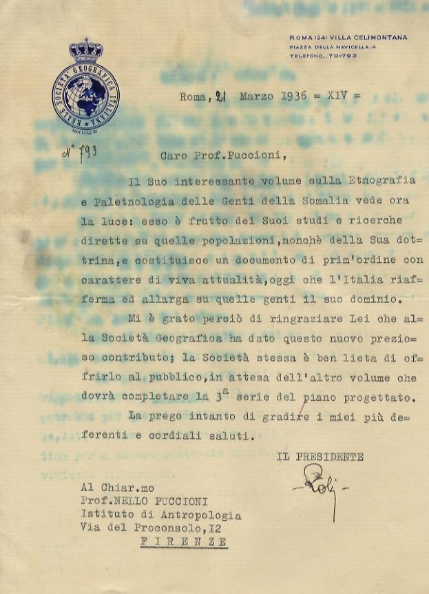 Abebooks Lettera dattiloscritta con firma autografa stesa su una facciata su carta intestata "Reale Società Geografica Italiana" indirizzata all'antropologo fiorentino Nello Puccioni datata: "Roma 21 marzo 1936". Caro prof. Puc