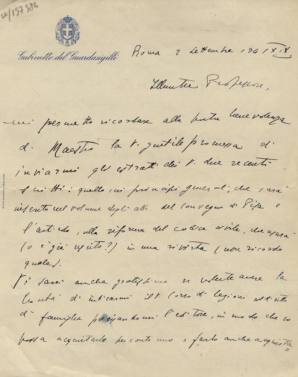 Abebooks Lettera manoscritta autografa firmata stesa su due facciate di un foglio intestato "Gabinetto del Guardasigilli" destinatario non individuato datata: "Roma 2 settembre 1941 - XIX": "Illustre Professore mi permetto ricor