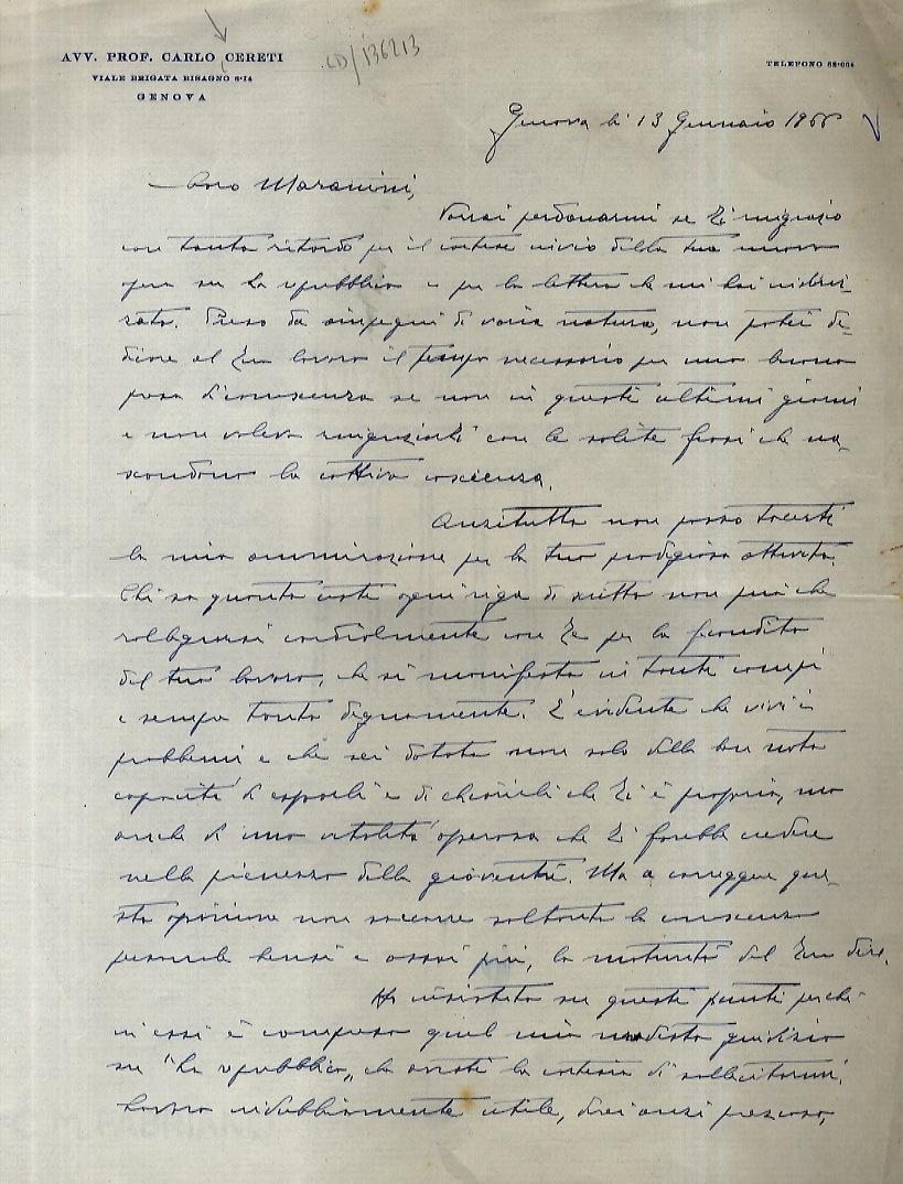 Abebooks Lettera manoscritta autografa firmata stesa su una facciata e mezzo su carta intestata "Avv. Prof. Carlo Cereti". Datata: "Genova li 13 gennaio 1966" indirizzata a Giuseppe Maranini: "Caro Maranini vorrai perdonarmi se