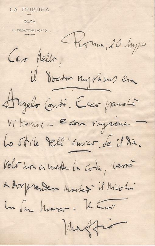 Abebooks Lettera manoscritta autografa firmata stesa su una facciata su carta intestata "La Tribuna. Roma. Il Redattore-Capo". Indirizzata all'antropologo italiano Nello Puccioni datata: Roma 20 maggio [prima metà degli anni ve