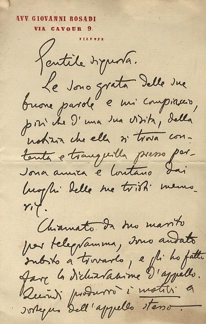 Abebooks Lettera Manoscritta Autografa Firmata Su Due Facciate Su Carta Intestata Avv. Giovanni Rosadi Via Cavour 9 Firenze. Datata Firenze 22. VIII. 1. Destinataria Non Esplicitata: "Gentile Signora Le Sono Grato Delle Sue Buon